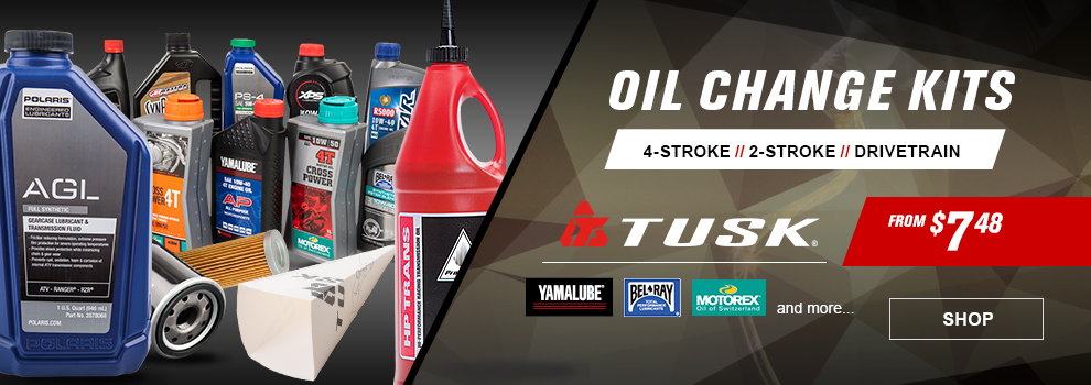 Tusk Oil Change Kits, 4-Stroke, 2-Stroke, Drivetrain, from $7 and 48 cents, a collage of oil and filters, link, shop
